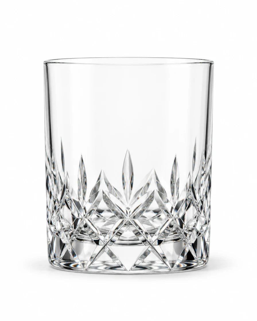 Čirá sklenice na whisky s hladkým horním pruhem a broušeným vzorem dole.